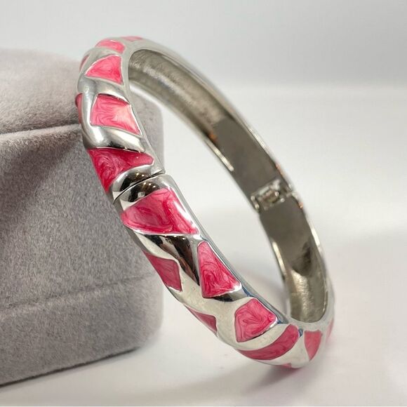 Pink Swirled Enamel Silver Tone Metal Clamper Hinged Bangle Bracelet 7” Fashion - Picture 4 of 6